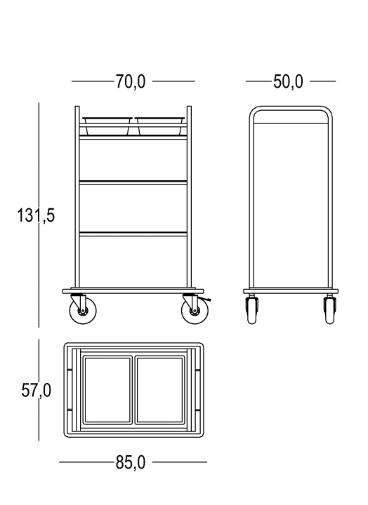 Servicewagen für Wäschewechsel (12/14 Zimmer), mit 2 Schalen. Offene Ausführung.